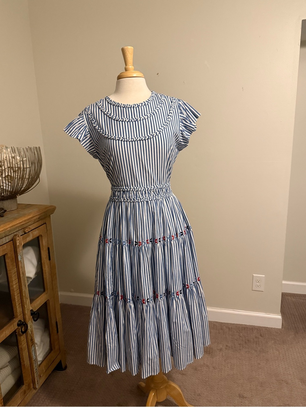 Blue and White Striped 100% Cotton Midi Dress with Smocked Waist with Pockets